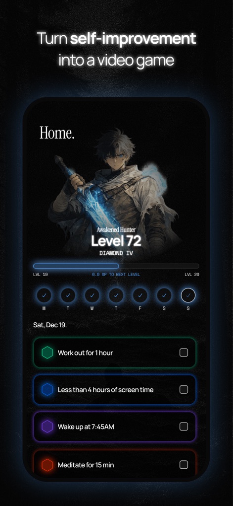 DAWG - Discipline & Motivation - Users can track their daily challenges and monitor their 'Awakened Hunter' level, integrating self-improvement with a captivating game-like interface.