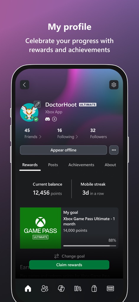 Xbox - This section details a user's progress with their current points balance and mobile streak, alongside tabs for viewing achievements and claiming rewards.