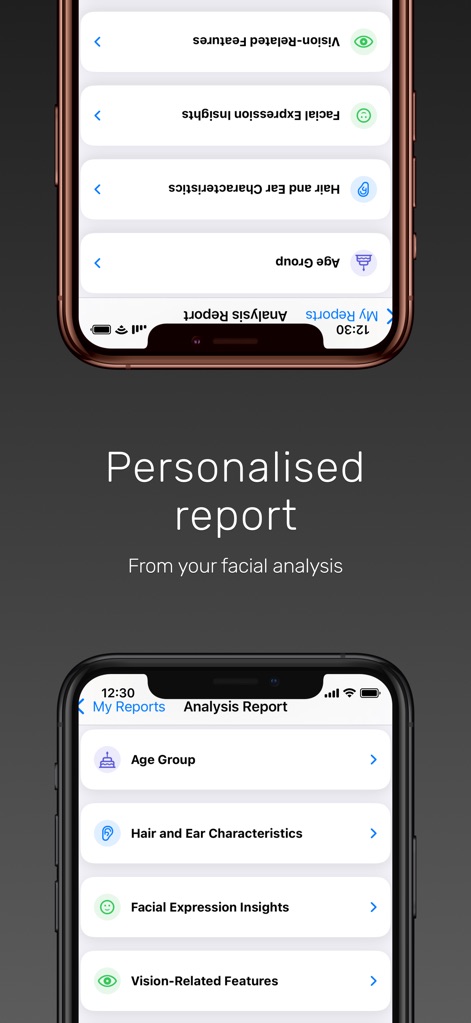 Ancestry & Ethnicity: Face DNA - Acceda a un informe exhaustivo con análisis específicos, incluyendo 'Hair and Ear Characteristics' y 'Facial Expression Insights', que proporcionan una visión completa de sus rasgos.