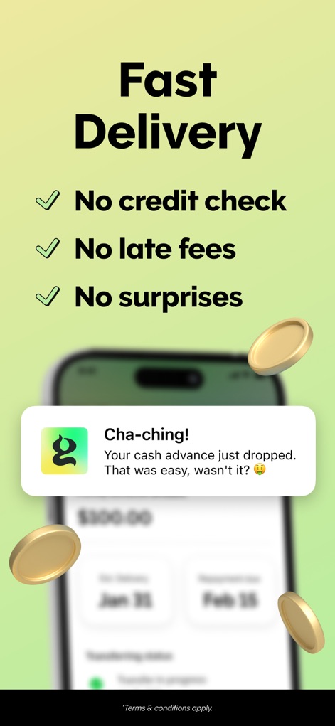 Grant Cash Advance - Discover the app's commitment to speed and transparency, highlighted by the "No credit check" and "No late fees" assurances, and confirmed by the instant "Cha-ching!" delivery notification.