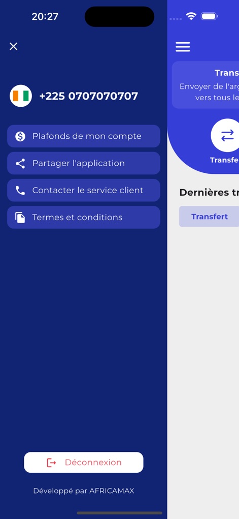 WalliSend - Explore the accessible side menu, featuring direct access to account limits and customer service options, alongside a clear logout function.