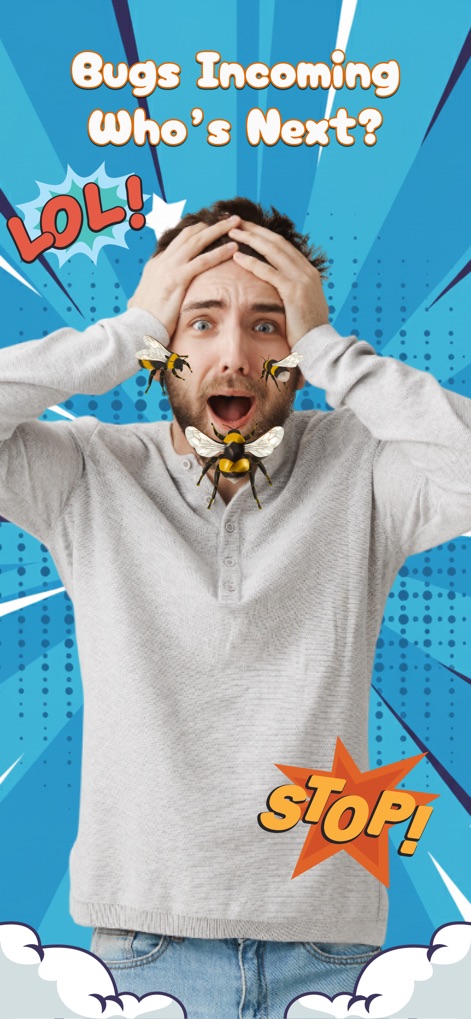 Insect & Bug: Funny Filters - Experience the app's dynamic insect animations, featuring realistic bee movements and playful reaction prompts such as "LOL!" and "STOP!" for engaging content.