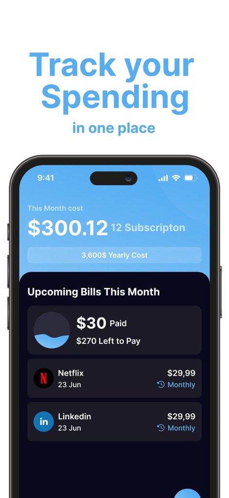 SubPilot: Cancel Subscriptions - Los usuarios pueden visualizar de un vistazo su costo mensual total de $300.12 y revisar las próximas facturas, con detalles claros para servicios como Netflix y LinkedIn, facilitando el control financiero.