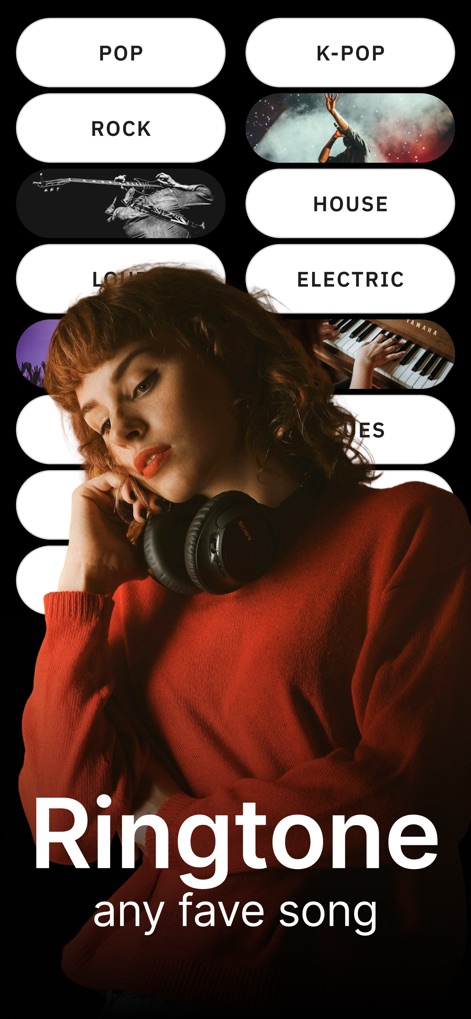 VibeCall - Ringtone Maker - VibeCall empowers users to explore endless customization by offering diverse music genre buttons and promoting the creation of custom sounds from "any fave song."