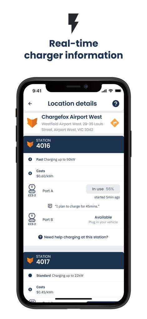 Chargefox: EV Charging Network - Questo strumento fornisce informazioni in tempo reale sulle stazioni, mostrando lo stato di utilizzo delle porte "in use" o "available" e il "costo" per kWh per una trasparenza completa.