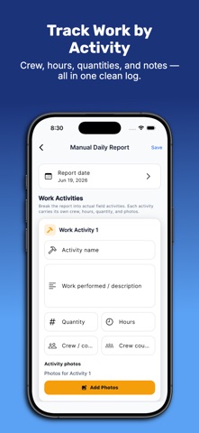 Site Field Log: DailyReportr+ iPhone screenshot