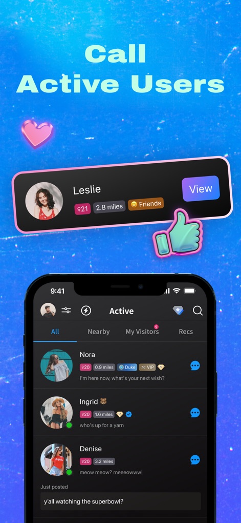 Goodnight – Voice Social App - ユーザーは、距離情報を含むアクティブユーザーのリストや、特集されたユーザーの詳細を閲覧できる「View」ボタンを通じて、簡単に新しい繋がりを見つけることができます。