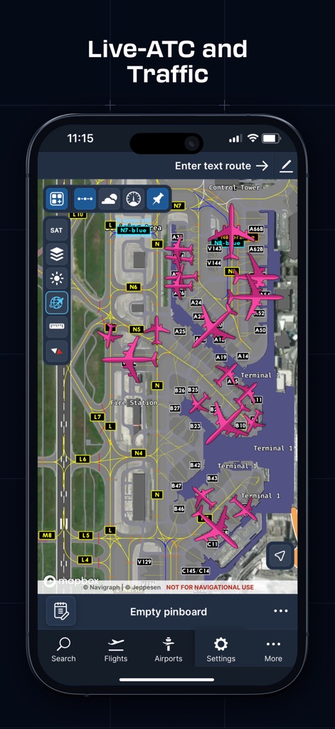 Navigraph Charts - Virtual pilots can monitor real-time VATSIM/IVAO traffic directly on detailed airport ground charts, enhancing situational awareness of airport operations and traffic flow.