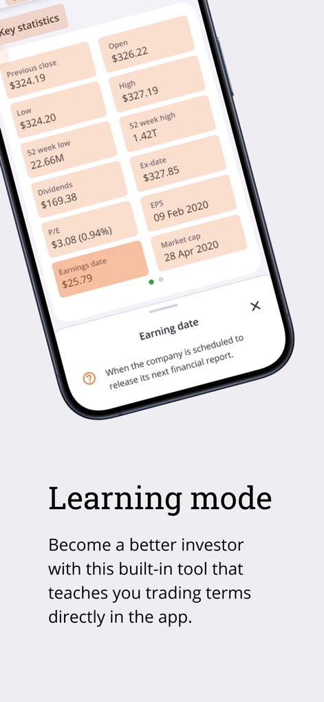 QuestMobile: Invest & Trade - The app's learning mode provides essential "Key Statistics" and important "Earnings date" information to help users understand market fundamentals.