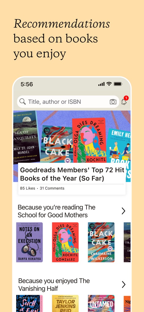 Goodreads: Book Tracker & More - The app provides highly personalized book recommendations, prominently displaying new titles in an engaging grid based on user reading habits and preferences.