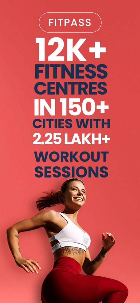 FITPASS - Fitness & Wellness - Questa schermata evidenzia l'impressionante portata dell'app, mostrando la disponibilità di "12K+ centri fitness" e l'ampia copertura in "150+ città", offrendo agli utenti flessibilità illimitata.