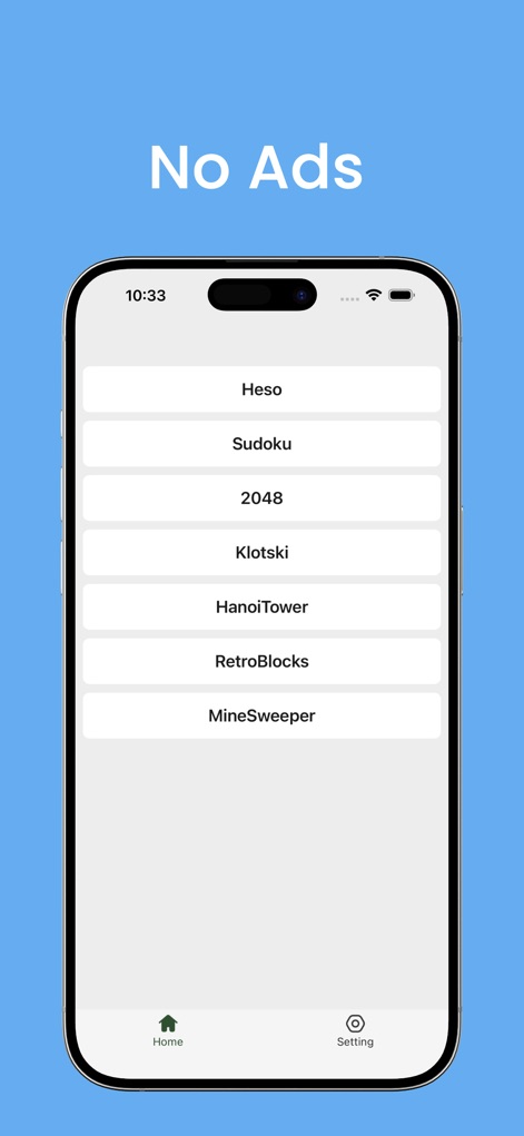 Heso:2048,Sudoku,Minesweeper - La aplicación presenta un menú principal claro que ofrece acceso directo a una variedad de siete minijuegos clásicos, todo ello en una experiencia libre de interrupciones publicitarias.