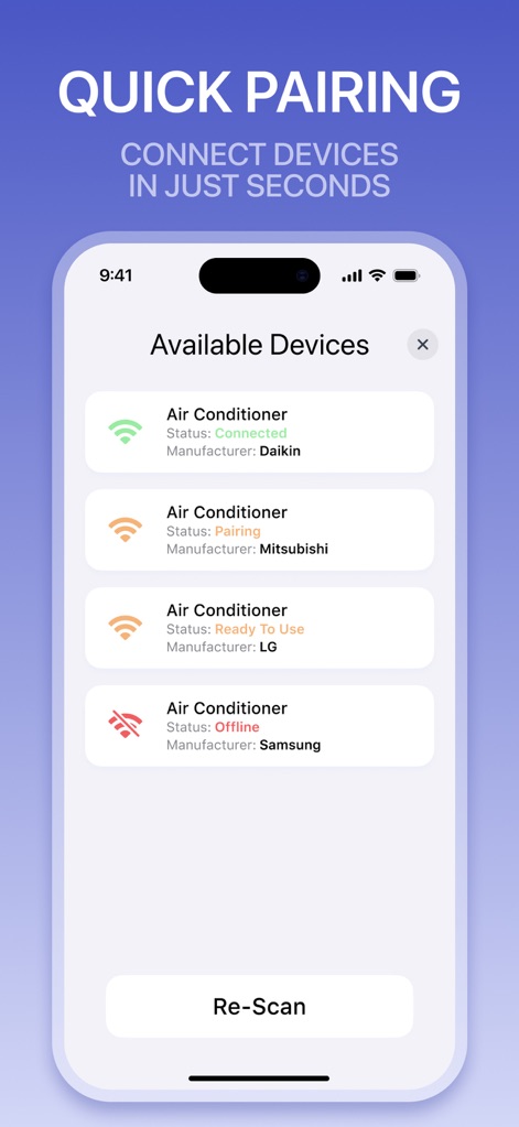 Universal AC Remote Control . - The app showcases a streamlined device pairing process, presenting a comprehensive list of air conditioners and their real-time connection statuses for easy management.