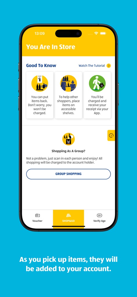 ALDI SHOP&GO - Users benefit from practical 'Good To Know' tips on item handling, complemented by a dedicated section for managing group shopping within the store.