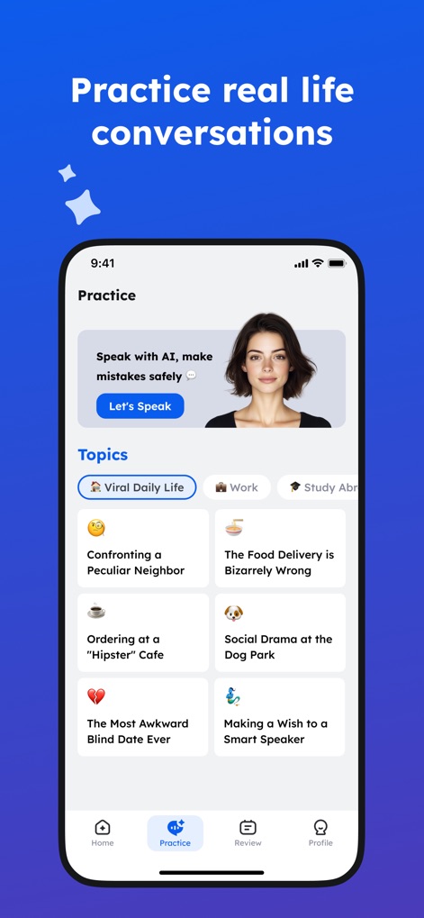 English Learning - Easy Speak - Esta interface oferece a prática de conversas da vida real com a IA, permitindo que os usuários escolham entre diversos "Topics" como "Viral Daily Life" para cenários práticos.