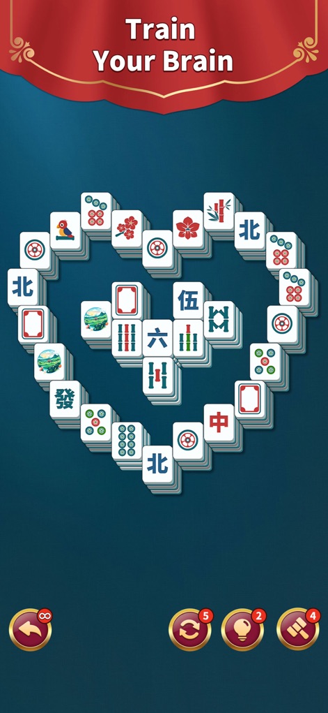 Mahjong Solitaire: Match Game - Explore various challenging tile layouts, such as this brain-shaped puzzle, designed to stimulate cognitive function and offer diverse gameplay patterns.