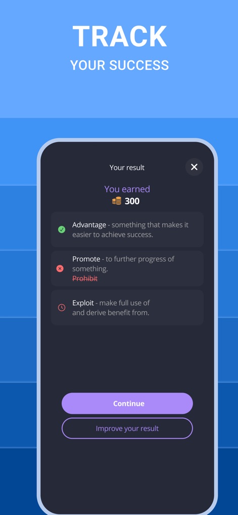Learn English A1-C1: 2Shine - ユーザーは学習結果で獲得したコイン数と、正解・不正解が明確に示された単語の定義を確認でき、自身の進捗を視覚的に把握し改善できます。