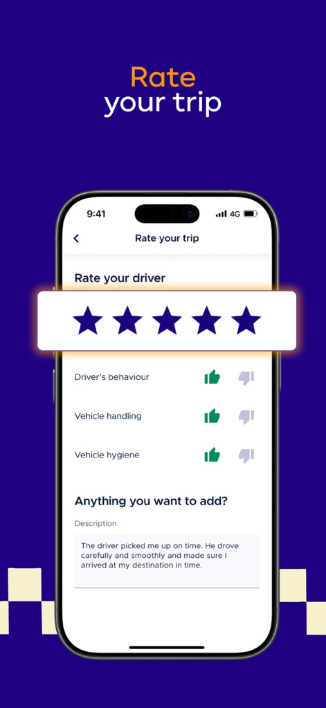 bitaksi - your closest taxi! - Users are encouraged to provide valuable feedback through a comprehensive '5-star rating system' and detailed 'category-specific thumbs up/down options' for driver behavior and vehicle conditions.