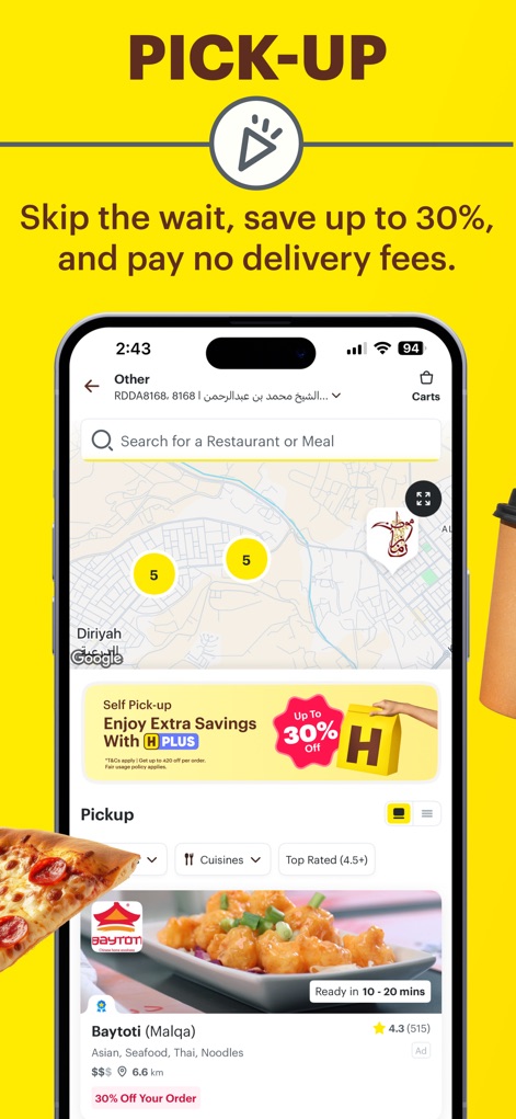 HungerStation - Food Delivery - Users can utilize the map to find nearby pick-up locations and benefit from special offers, including a "30% Off" discount for self-pickup.