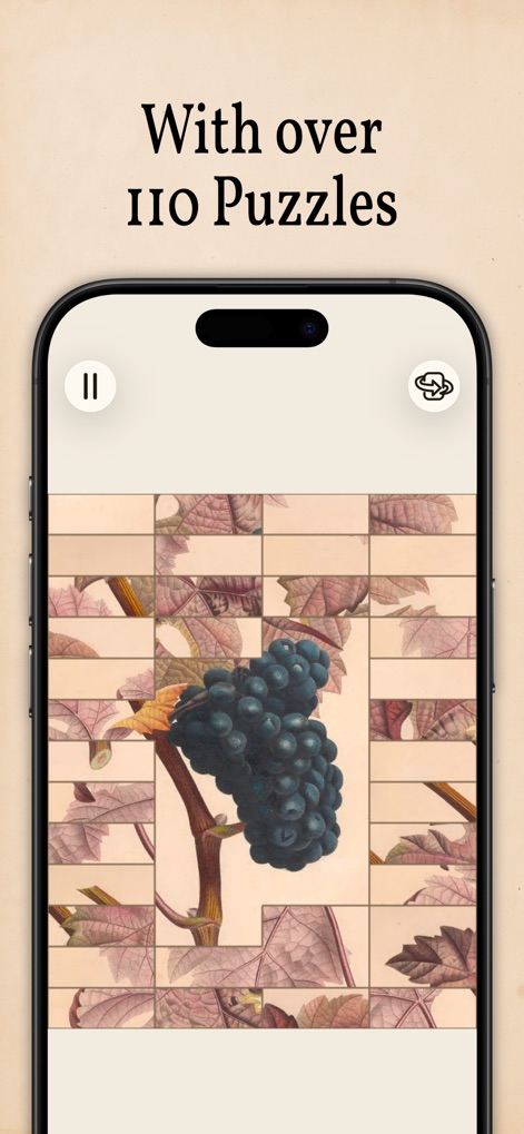 Art of Flora: Cozy Puzzles - Questo screenshot evidenzia l'ampia offerta dell'app, con la possibilità di risolvere oltre "110 puzzle" raffiguranti magnifiche illustrazioni, come quella dettagliata di un grappolo d'uva.