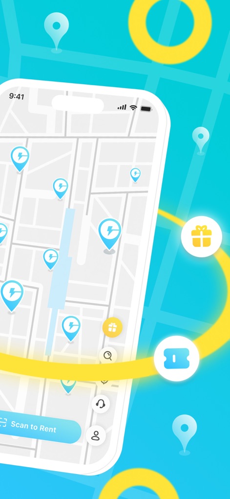 CHARGESPOT 自助租借移動電源 - This tool highlights its intuitive map interface, showing numerous lightning bolt pins for charging stations and a prominent 'Scan to Rent' prompt.