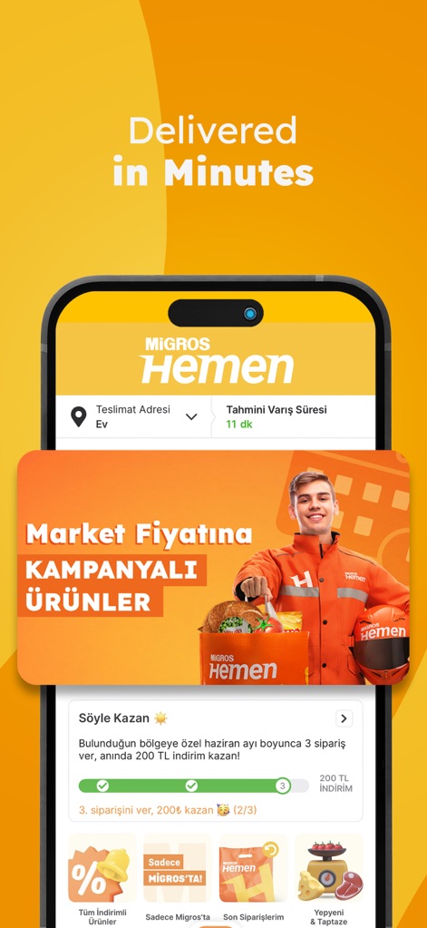 Migros: Food & Groceries - The app features Migros Hemen, showcasing an estimated delivery time of "11 dk" and a visually engaging banner with a delivery driver, highlighting speed and convenience.