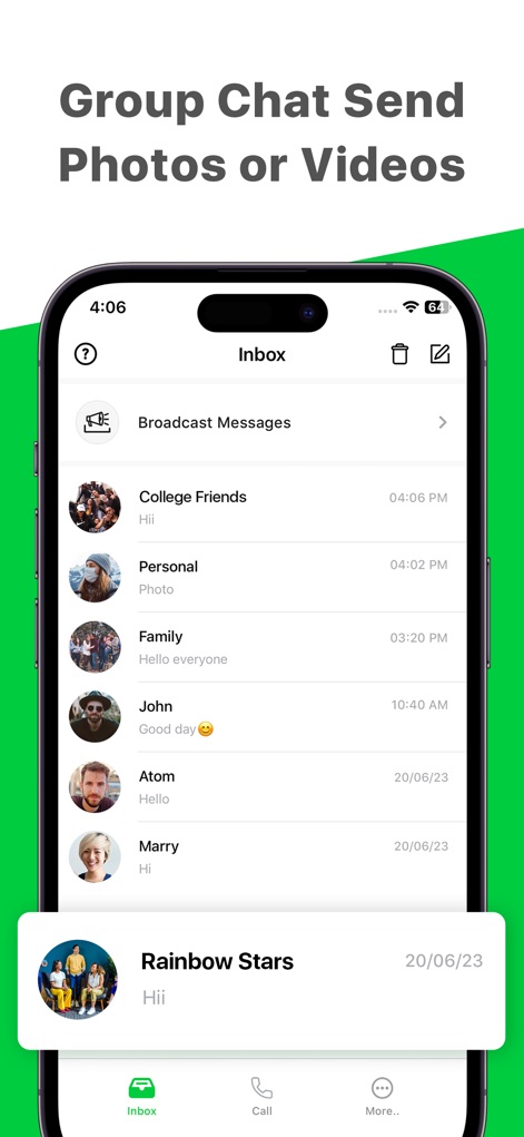 TXT App Phone Now - The inbox manages all communications efficiently, showcasing both individual and group chats, alongside options for sending photos or videos.