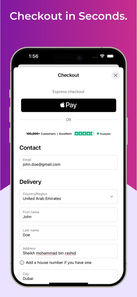 Revibe - Renewed Electronics - O aplicativo simplifica o processo de compra com opções de "Express checkout" via "Apple Pay" e campos claros para "Contact" e "Delivery" do usuário, reforçando a confiança com a indicação de "100,000+ Customers | Excellent".