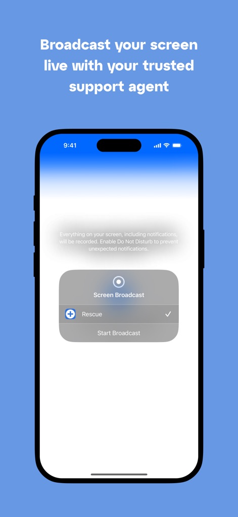 LogMeIn Rescue Customer - Discover the 'Screen Broadcast' dialog and the prominent 'Start Broadcast' button that enables users to effortlessly share their device screen with a trusted support agent.
