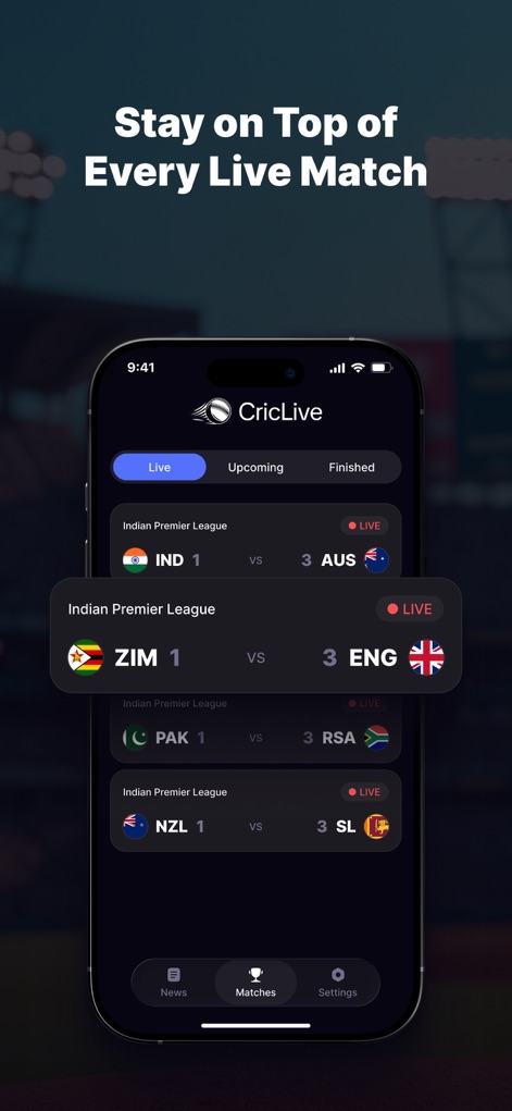 SmartCricTV – Live Cricket HD - This tool provides instant access to live match scores and upcoming fixtures, clearly displayed with team flags and real-time 'LIVE' indicators.