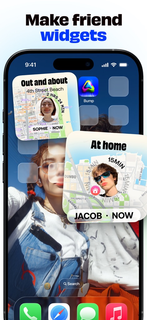Bump - hang with friends IRL - L'app offre widget personalizzabili per la schermata iniziale che mostrano lo stato degli amici, come "Out and about" per Sophie e "At home" per Jacob, per un rapido accesso alle informazioni.