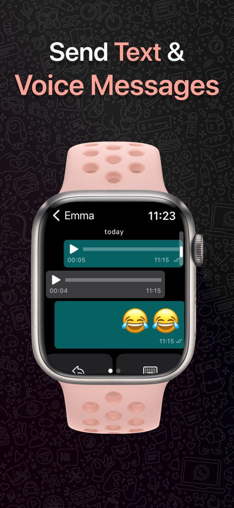 WatchApp+ for Watch - Discover how users can easily send and listen to voice messages, along with viewing expressive emojis within their chat conversations.