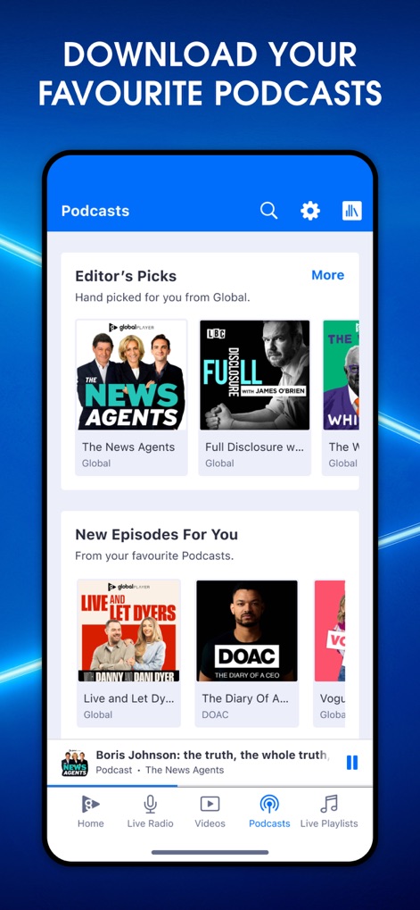 Global Player Radio & Podcasts - The app facilitates podcast exploration with "Editor's Picks" for curated content and a "New Episodes For You" section, making discovery effortless.