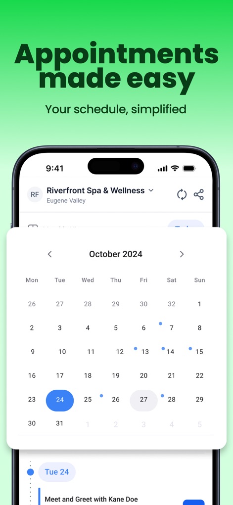 HighLevel - Los usuarios pueden gestionar sus citas con facilidad, visualizando el calendario mensual con los días ocupados marcados y los detalles de los eventos individuales como "Meet and Greet".