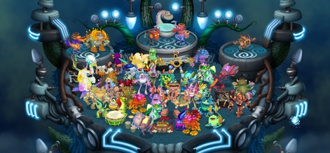 My Singing Monsters - 青く光る機械的な装飾と、無数のモンスターたちが集まるサイバーパンクな島が描かれ、未来的な音楽体験を予感させます。