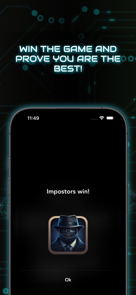 Imposter Party™ Word Game - The game concludes with a clear outcome display, such as 'Impostors win!', visually reinforced by the central impostor icon.