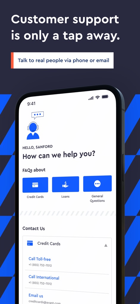 Avant - This tool ensures users can quickly find answers through organized FAQ categories and direct contact options like calling toll-free or emailing support.