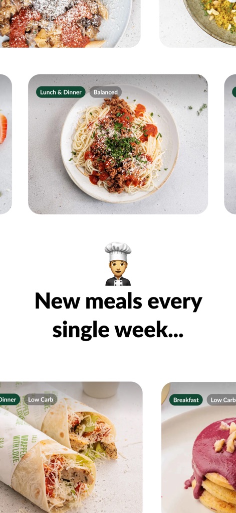 Calo - كالو - This tool showcases diverse meal options ranging from pasta to wraps, complemented by clear tags indicating meal types like 'Lunch & Dinner' and 'Breakfast'.