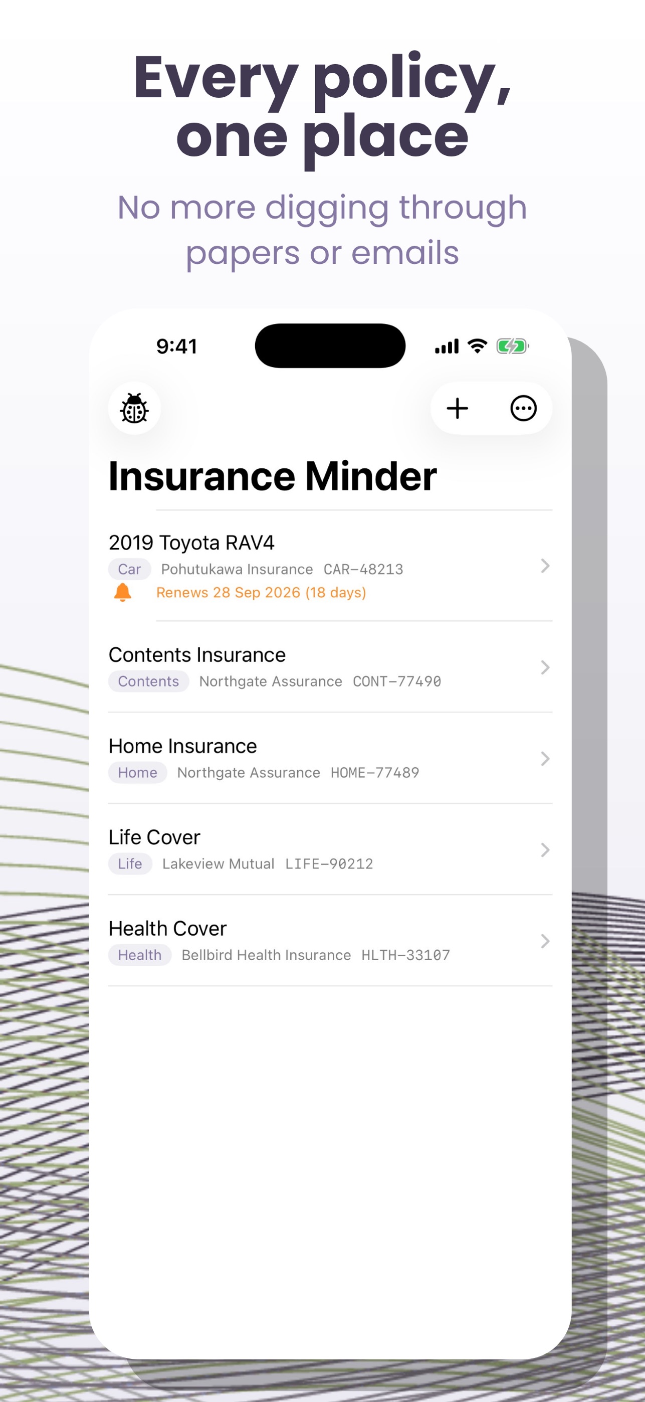Screenshot 1 of Insurance Minder: Policy Lists