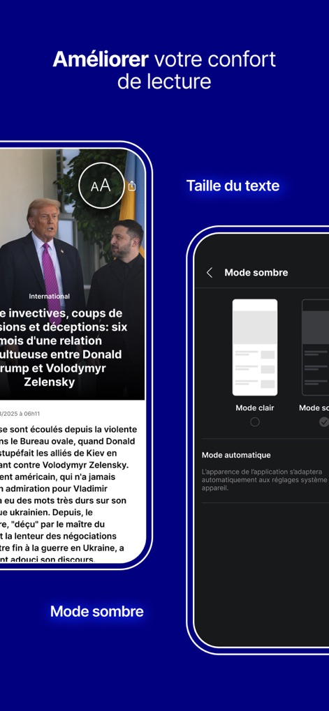 BFM : news, TV, radio en live - The app allows users to personalize their reading experience with intuitive text size adjustments and a beneficial dark mode option.