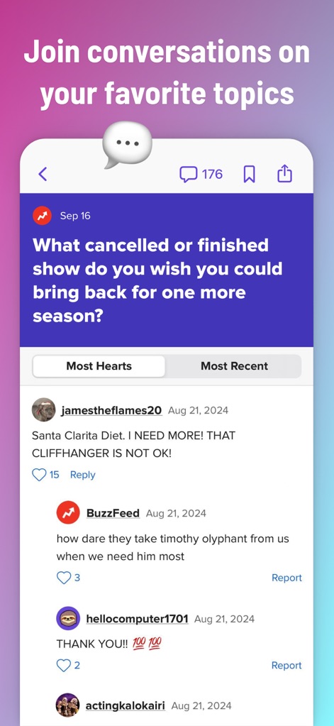 BuzzFeed - Quiz, Trivia & News - Los usuarios pueden participar en conversaciones sobre sus temas favoritos, como se muestra en el foro de discusión sobre series canceladas y los comentarios interactivos de otros miembros de la comunidad.