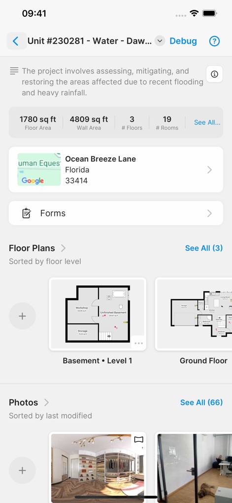 magicplan - Delve into specific project details, including key metrics like square footage and number of rooms, alongside dedicated sections for managing floor plans and project photos.