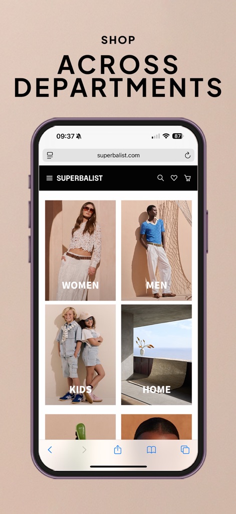Superbalist | Fashion App - The app organizes products into clear departments like 'WOMEN' and 'HOME,' allowing users to effortlessly navigate a wide range of offerings.