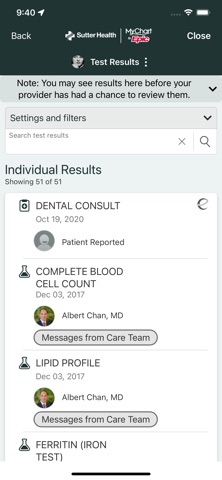 Sutter Health My Health Online screenshot