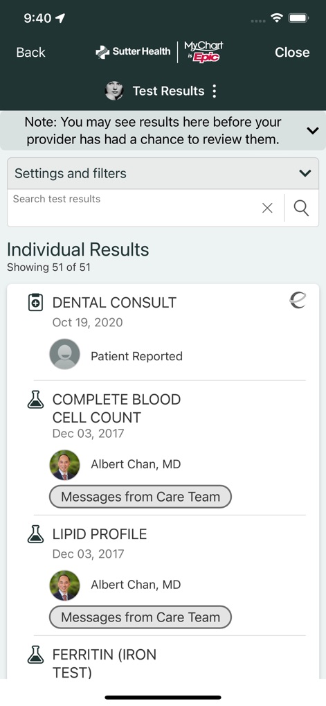 Sutter Health My Health Online - Patients can easily view a detailed list of individual test results and utilize the integrated search and filter options to quickly find specific information.