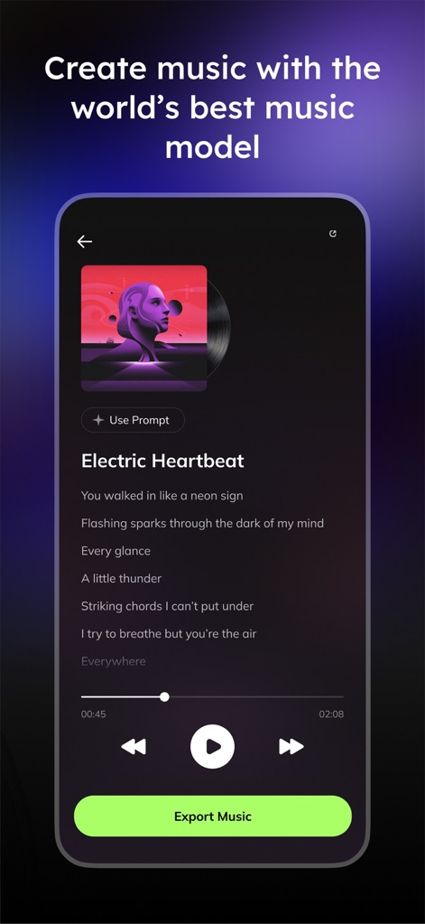 Vocal Remover - Musiclab - The app features a sophisticated music model, allowing users to create new compositions complete with generated lyrics and custom album art.