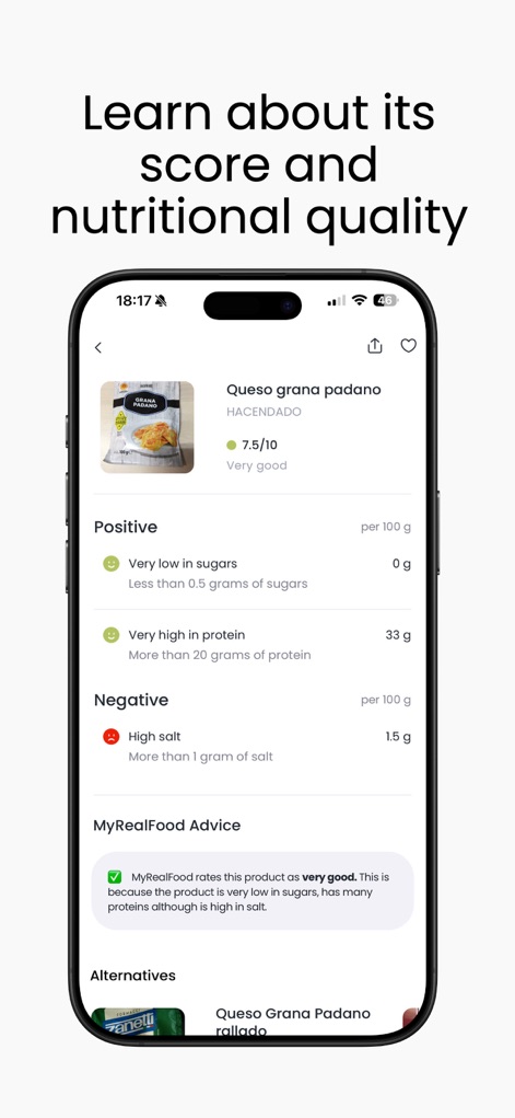 MyRealFood: Diet and recipes - This tool offers a comprehensive view of a product's "nutritional quality," highlighting "Positive" and "Negative" attributes and providing tailored "MyRealFood Advice" for better understanding.