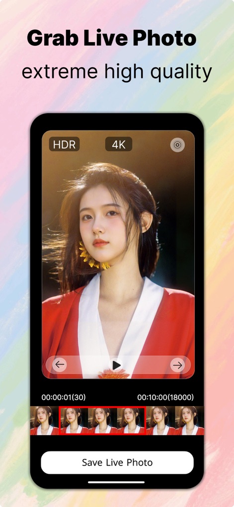 CamFusion - Dual Camera 视频抽帧截图 - La aplicación permite capturar Live Photos de alta calidad, conservando la resolución 4K y ofreciendo un selector de fotogramas detallado para garantizar la nitidez en cada momento.
