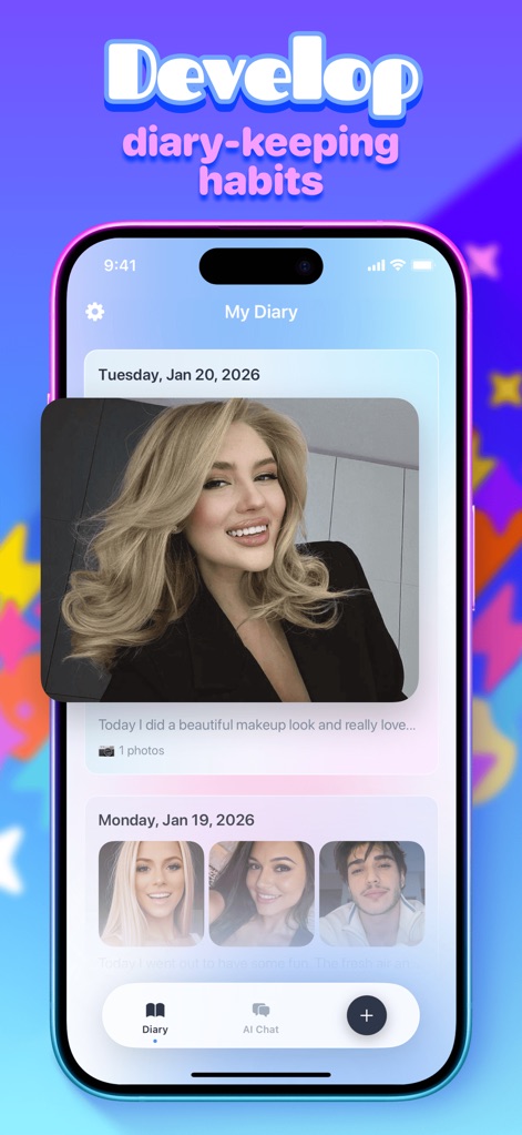 Delio - Log Your Wisdom - Observe how Delio visually presents dated entries with embedded photos, alongside its intuitive bottom navigation for easy access to features.