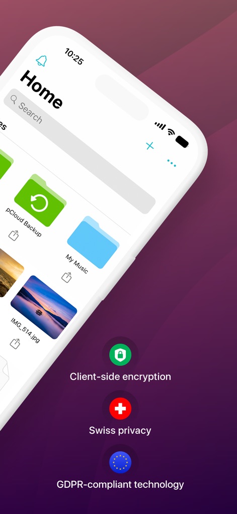 pCloud - Cloud Storage - The screenshot emphasizes robust security, highlighting "Client-side encryption" and "Swiss privacy" alongside organized folders like "pCloud Backup" on the home screen.